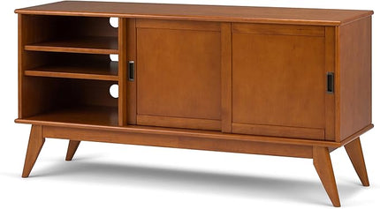 SIMPLIHOME Draper SOLID HARDWOOD 60 Inch Wide Mid Century Modern TV Media Stand in Teak Brown For TVs up to 65 Inches, For the Living Room and Entertainment Center - LeafyLoom