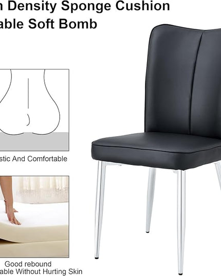 Modern Dining Chairs Set of 2, PU Leather Seat Cushions Black Dining Room Chair, with Silver Metal Legs Kitchen Chair for Home Living Room, Restaurant, Black Chair Silver Legs - LeafyLoom