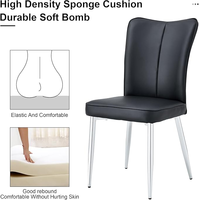 Modern Dining Chairs Set of 2, PU Leather Seat Cushions Black Dining Room Chair, with Silver Metal Legs Kitchen Chair for Home Living Room, Restaurant, Black Chair Silver Legs - LeafyLoom