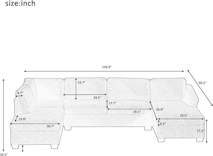 116.9" Modern Large U-Shape Sectional Sofa with Double Extra Wide Chaise Lounge, 4 Seat Oversized Upholstered Couch for Apartment, Home, Office, Living Room Furniture, Gray, 116.9 Inch - LeafyLoom
