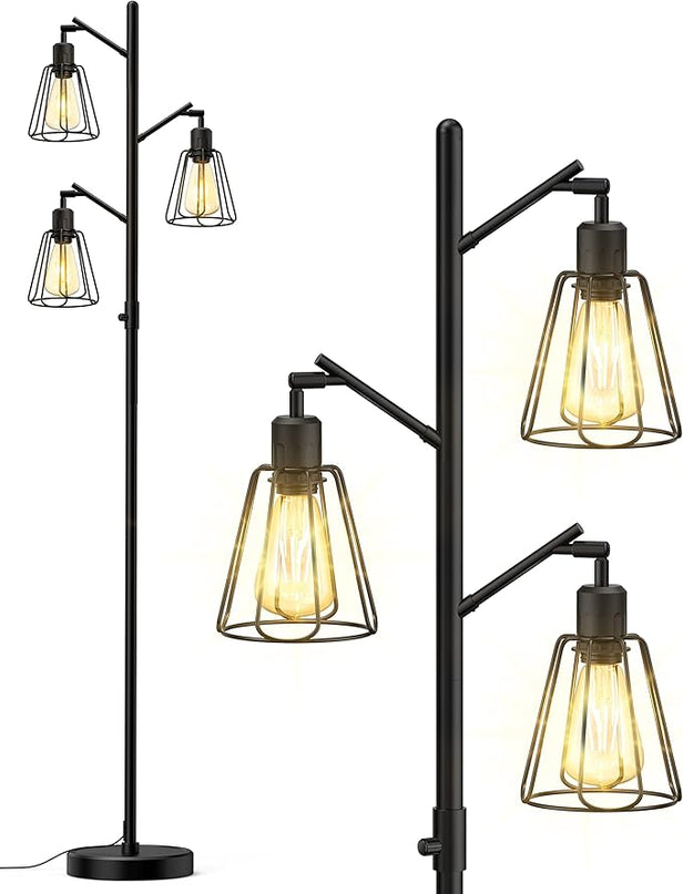 LEPOWER Tree Floor Lamp, Industrial Floor Lamps for Living Room with Multi Head, Dimmable Floor Lamp, LED Standing lamp Edison Bulbs, Pole Tall Lamp for Bedroom Office Black - LeafyLoom