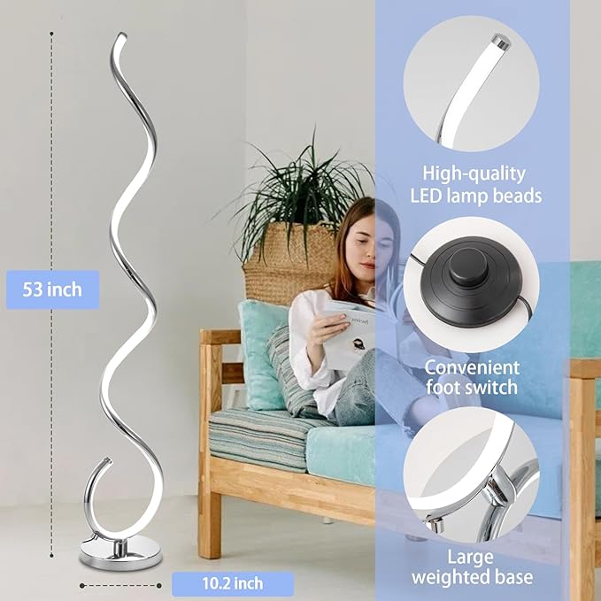 ADISUN LED Modern Floor Lamp for Living Room, Spiral Floor Lamp for Bedroom, 48W Dimmable Floor Lamp for Living Room Office Dining Room-Silver,Remote Control - LeafyLoom