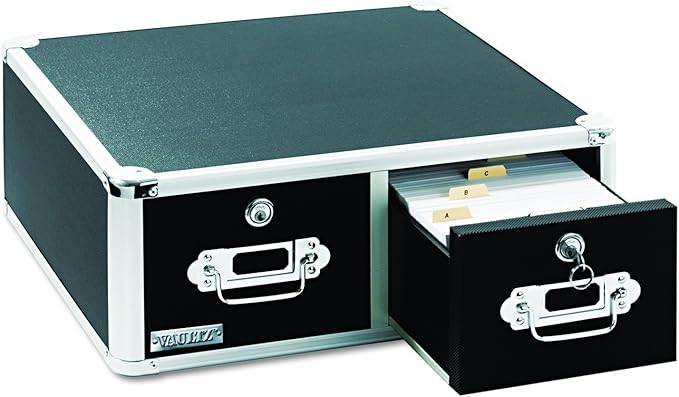 Vaultz® Locking Index Card Cabinet for 4" x 6" Cards, 2-Drawer, 6 3/4" H x 14" W x 16" D, Black - LeafyLoom