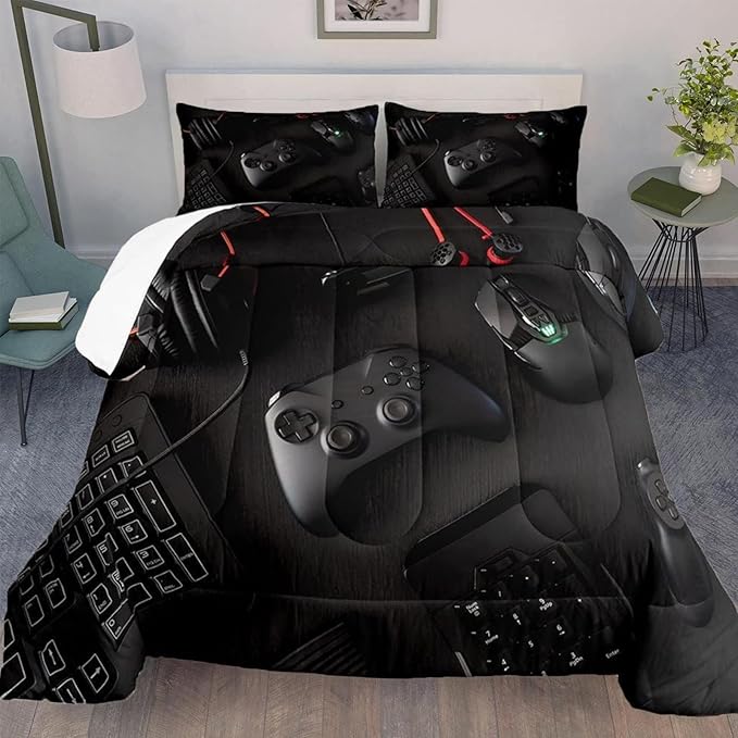 Gamer Comforter Set Twin Size for Boys Kids 3D Gaming Microfiber Quilts Black Video Game Bedding Sets Room Decor Gaming Bedding Set All Season for Game Lovers(Color 1,Twin) - LeafyLoom