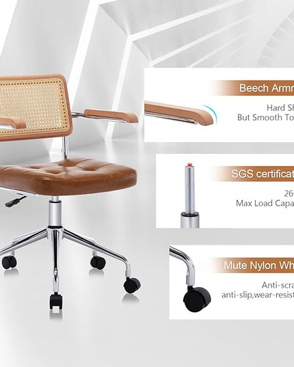 Zesthouse Modern Home Office Chair Leather Desk Chair with Natural Rattan Back, Vanity Chair for Girls Women, Upholstered Tufted Swivel Armchair, Height Adjustable Computer Task Chair - LeafyLoom
