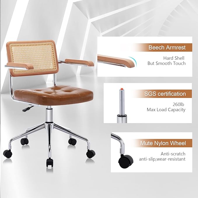 Zesthouse Modern Home Office Chair Leather Desk Chair with Natural Rattan Back, Vanity Chair for Girls Women, Upholstered Tufted Swivel Armchair, Height Adjustable Computer Task Chair - LeafyLoom