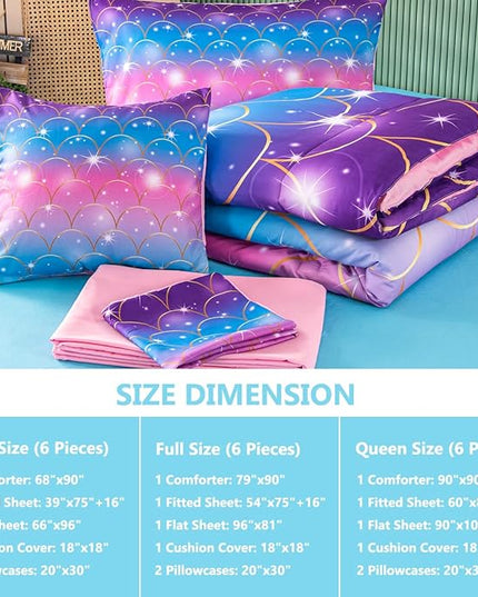 PERFEMET Pink Mermaid Comforter Set Full Size 6 Pieces Bed in A Bag Colorful Rainbow Bedding Set for Teens Girls 3D Sparkly Glitter Ombre Bed Set with Comforter and Sheets (Pink Mermaid, Full) - LeafyLoom