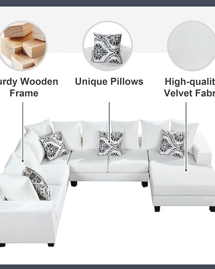 110" Modern U Shape Sectional Sofa, Velvet Corner Couch with Pillows, 6 Seat Sofa&Couch with Double Chaises for Living Room Furniture, Apartment, Office, Ushaped White - LeafyLoom