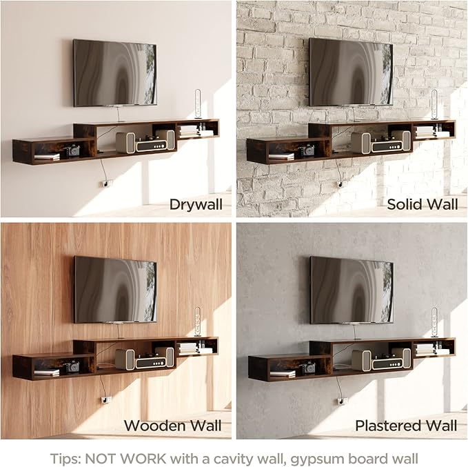 Floating TV Stand Wall Mounted with Power Outlet 59", Floating Entertainment Center, Wood Media Console Shelf for Under TV Storage for Living Room Bedroom Office Rustic Brown - LeafyLoom