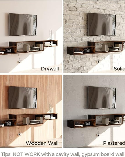 Floating TV Stand Wall Mounted with Power Outlet 70", Floating Entertainment Center, Wood Media Console Shelf for Under TV Storage for Living Room Bedroom Office - LeafyLoom