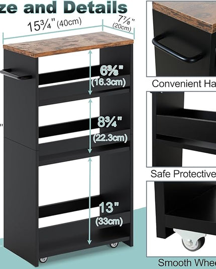MARTY Rolling Storage Cart 7.9" W, 4-Tier Black Kitchen Cart on Wheels, Slim Storage Cart with Handle for Laundry Narrow Places Bathroom Small Corner - LeafyLoom