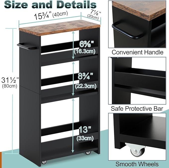 MARTY Rolling Storage Cart 7.9" W, 4-Tier Black Kitchen Cart on Wheels, Slim Storage Cart with Handle for Laundry Narrow Places Bathroom Small Corner - LeafyLoom