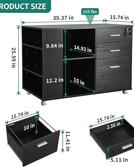 YITAHOME Mobile Wood File Cabinet, 3 Drawer Lateral Filing Cabinet, Black - LeafyLoom