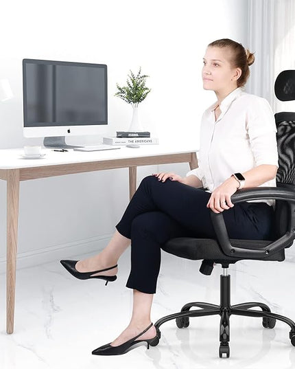 SMUG Office Chair, Ergonomic Mesh Home Office Computer Chair with Lumbar Support/Adjustable Headrest/Armrest and Wheels/Mesh High Back/Swivel Rolling (Black) - LeafyLoom