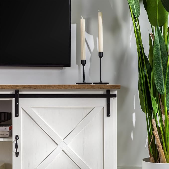 Walker Edison Corbin Modern Farmhouse Sliding X Barn Door TV Stand for TVs up to 80 Inches, 70 Inch, Reclaimed Barnwood and Brushed White - LeafyLoom