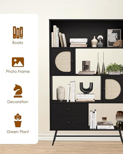 Soohow 4 Shelf Bookcase and Bookshelves with Drawer, 65” Tall Bookcases with Storage Shelves, Bookshelves and Bookcases with Rattan Cabinet and Metal Legs for Home Office, Living Room and Bedroom. - LeafyLoom