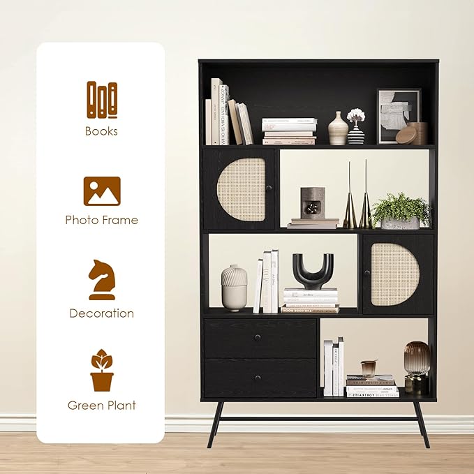 Soohow 4 Shelf Bookcase and Bookshelves with Drawer, 65” Tall Bookcases with Storage Shelves, Bookshelves and Bookcases with Rattan Cabinet and Metal Legs for Home Office, Living Room and Bedroom. - LeafyLoom