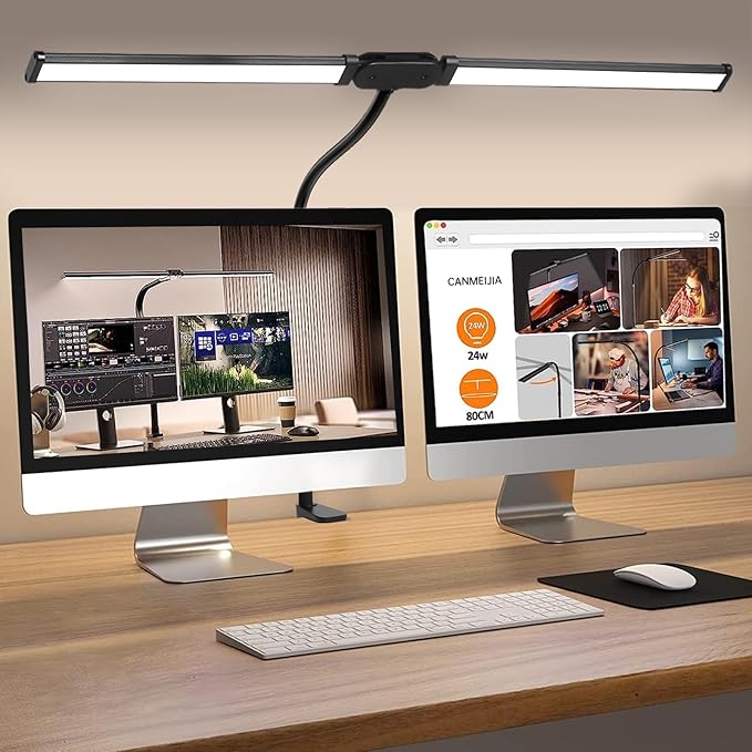 CANMEIJIA LED Desk Lamp for Home Office - Upgrade Dual Head Architect Task Lamps with Clamp & Adatper, 50 Lighting Modes Monitor Light Bar, Adjustable Gooseneck Desk Light for Work Drafting Study - LeafyLoom