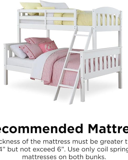 DHP Airlie Convertible Wood Bunk Bed, Stackable and Detachable Bed Frames for Kids and Teens, with Angled Ladder, High Guardrail, Wood Slats, No Boxspring Required, Twin-Over-Full, White - LeafyLoom