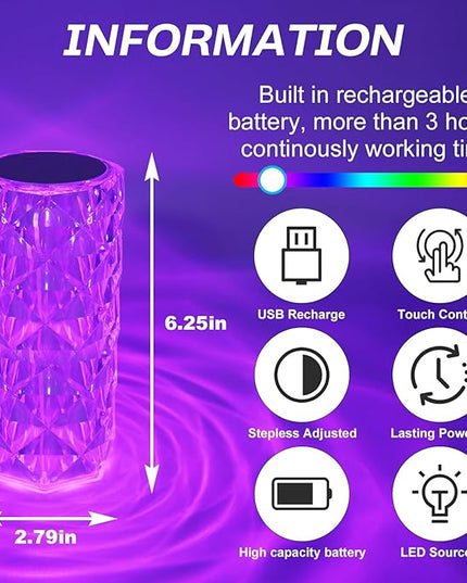 Rose Touch Lamp RGB Night Light, USB Rechargeable Touch Remote Control Crystal Light for Bedroom Living Room Home Decor Colorful Decorative Lights - LeafyLoom