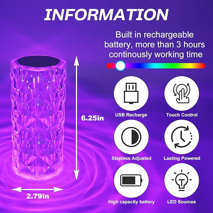 Rose Touch Lamp RGB Night Light, USB Rechargeable Touch Remote Control Crystal Light for Bedroom Living Room Home Decor Colorful Decorative Lights - LeafyLoom