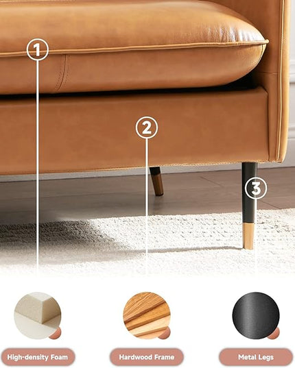 79" Top-Grain Leather Sofa, 3 Seater Leather Couch, Mid-Century Modern Couch for Living Room Bedroom Apartment Office, Cognac Tan - LeafyLoom