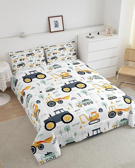 Cartoon Cars Kids Comforter Set Tractor Boys Comforter Cute Excavator Decor Kawaii Soft Bedding Set Cartoon Trees Cars Colorful All Season Quilt Room 3Pcs Full Size Boys - LeafyLoom
