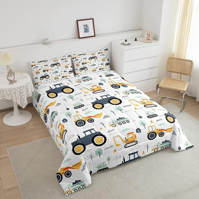 Cartoon Cars Kids Comforter Set Tractor Boys Comforter Cute Excavator Decor Kawaii Soft Bedding Set Cartoon Trees Cars Colorful All Season Quilt Room 3Pcs Full Size Boys - LeafyLoom