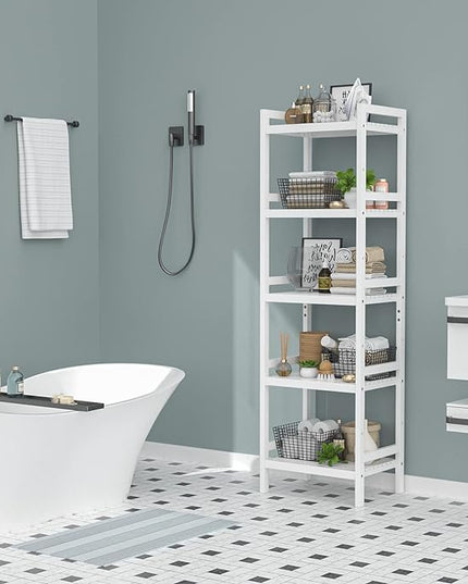 Homykic Bamboo Bookshelf, 5-Tier Narrow 55.9” Adjustable Book Shelf Bookcase Bathroom Shelves Freestanding Storage Stand for Living Room, Bedroom, Kitchen, Rust Resistance, Easy Assembly, White - LeafyLoom