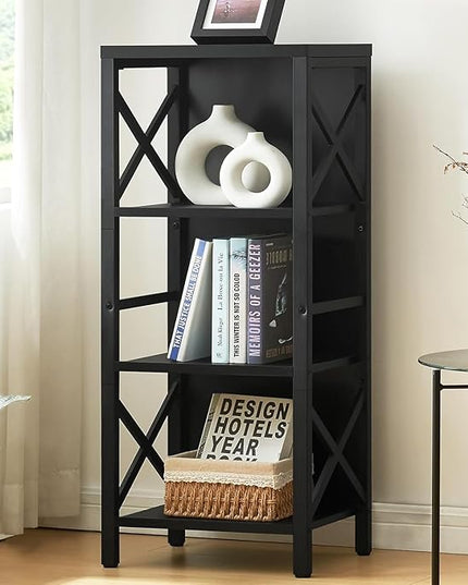 Bookcase, Industrial Small Bookshelf,4-Tier Narrow Bookcase Storage Organizer, Small Book Shelf for Small Spaces, Living Room, Bedroom and Home Office, Black - LeafyLoom