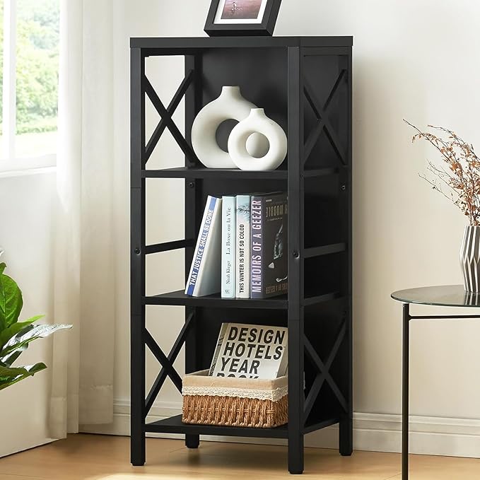 Bookcase, Industrial Small Bookshelf,4-Tier Narrow Bookcase Storage Organizer, Small Book Shelf for Small Spaces, Living Room, Bedroom and Home Office, Black - LeafyLoom
