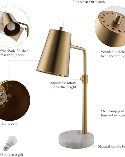 VONLUCE Work Lamp w/LED Bulb, Vintage Gold Desk Lamp w/Marble Base & Brass Lamp Shade, Mid Century Modern Reading Lamp for Office, 20" Industrial Table Task Lamp for Reading Bedroom Nightstands - LeafyLoom