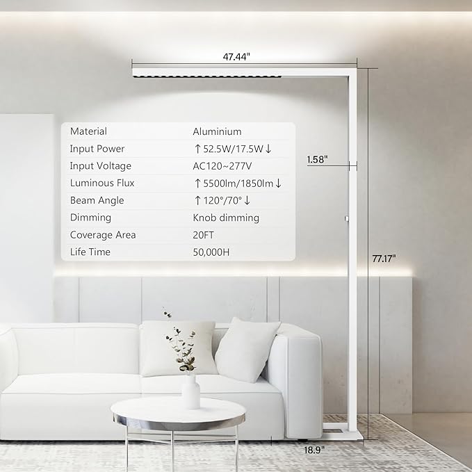 STERREN 77" LED Floor Lamp for Office, 7350LM Dimmable Eye-care Standing Piano Lamp,70W Tall Reading Light, 4000K Bright Lighting for Living Room - White - LeafyLoom