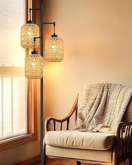 Floor Lamp for Living Room,Bedroom,Boho Rattan Tree 3 Lights Farmhouse Floor Lights,Industrial Black Standing Lamp Wicker Rustic Tall Lamp,Woven Bamboo LampShade Floor Lamps Bohemian - LeafyLoom