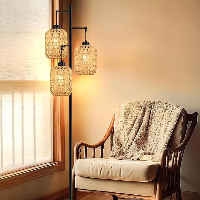 Floor Lamp for Living Room,Bedroom,Boho Rattan Tree 3 Lights Farmhouse Floor Lights,Industrial Black Standing Lamp Wicker Rustic Tall Lamp,Woven Bamboo LampShade Floor Lamps Bohemian - LeafyLoom