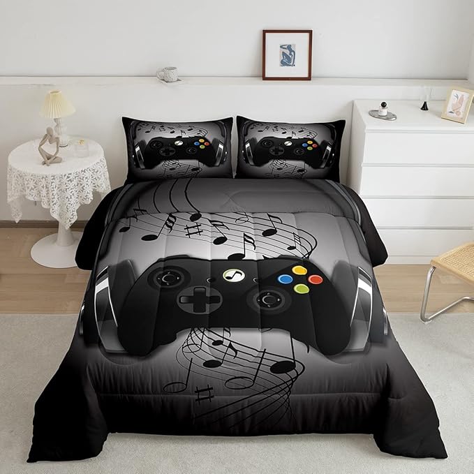 Gamer Comforter Set Full Size,Black Grey Headphones Musical Design Games Gamepad Bedding Set for Kids Boys Video Game Room Decor Retro Playing Gamer Down Comforter Gaming Controller Quilted Duvet Set - LeafyLoom