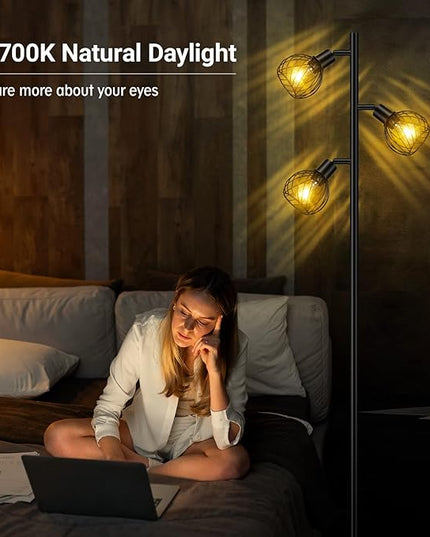 Floor Lamp, Industrial Floor Lamp, Modern Standing lamp with 3 Adjustable Light, 4W E12 LED Bulbs, Metal Stand Up Lamps, Vintage Farmhouse Tree Floor Lamps for Living Room/Bedroom/Office, Black - LeafyLoom