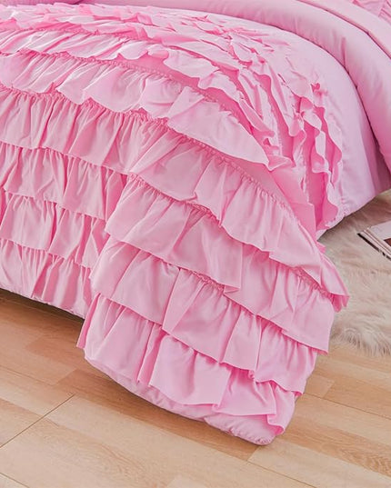 A Nice Night Waterfall Flutter Ruffle 3PCS Comforter Set,Chic Ruffled Textured Princess Bedding Set,DarkPink,Queen - LeafyLoom