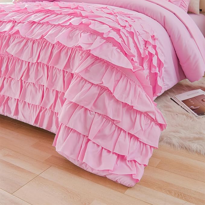 A Nice Night Waterfall Flutter Ruffle 3PCS Comforter Set,Chic Ruffled Textured Princess Bedding Set,DarkPink,Queen - LeafyLoom