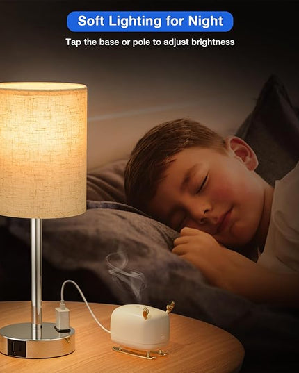 Touch Lamps for Bedrooms Set of 2 Modern - White 3 Way Dimmable Bedside Lamp with USB C and A Ports and Outlets, Nightstand Lamp with Silver Base, Small Table Lamps for Nursery Kids Girl and Boy - LeafyLoom