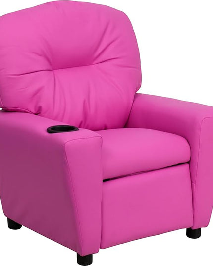 Flash Furniture Chandler Vinyl Kids Recliner with Cup Holder and Safety Recline, Contemporary Reclining Chair for Kids, Supports up to 90 lbs., Hot Pink - LeafyLoom