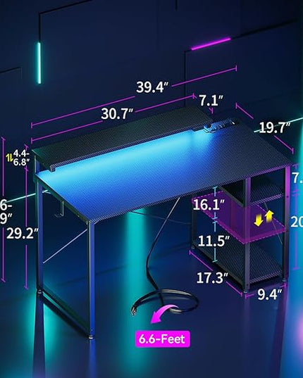 MOTPK Gaming Desk with Led Lights & Power Outlet, 40 Inch Small Gaming Computer Desk with Shelves, Reversible Gamer Desk Table with Adjustable Monitor Stand & Headphone Hook, Carbon Fiber Texture - LeafyLoom