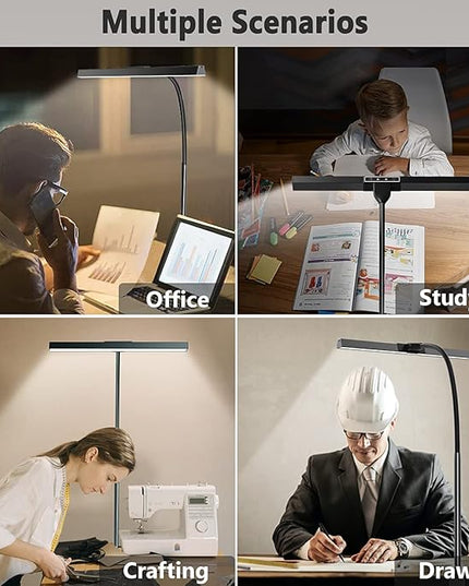 LED Desk Lamp for Home Office - 12W Desk Light Bar with Charger, 25 Lighting Modes, Eye-Caring Modern Flexible Gooseneck Clip Table Lamps for Monitor Study Office Workbench - LeafyLoom