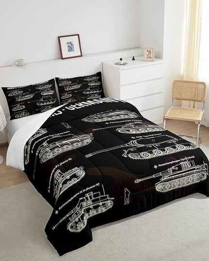 Tank Comforter Set King, War Theme Bedding Set, Soldier Dirt Bike Camouflage Army Acting Down Comforter for Kid Boy Teen Men,Camo Vintage Style Quilt Set, Military Vehicle Duvet Set Room Decor - LeafyLoom