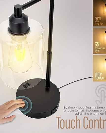 Yarra-Decor Industrial Bedside Table Lamp Set of 2 3-Way Dimmable Lamps for Bedroom Modern USB Nightstand Lamp with Glass Shade Reading Table Lamps for Office, Dorm (LED Bulb Included) - LeafyLoom