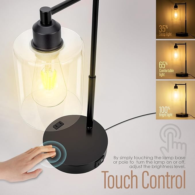 Yarra-Decor Industrial Bedside Table Lamp Set of 2 3-Way Dimmable Lamps for Bedroom Modern USB Nightstand Lamp with Glass Shade Reading Table Lamps for Office, Dorm (LED Bulb Included) - LeafyLoom