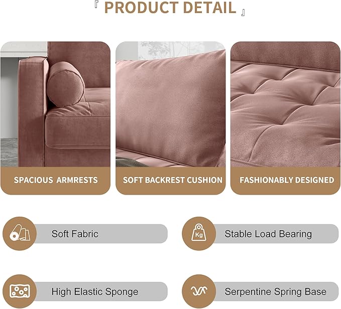 Velvet Furniture for Small Spaces, Mid-Century Modern Loveseats for Living Room, Love Seat Couch Sofas, 70 Inches, Rose - LeafyLoom