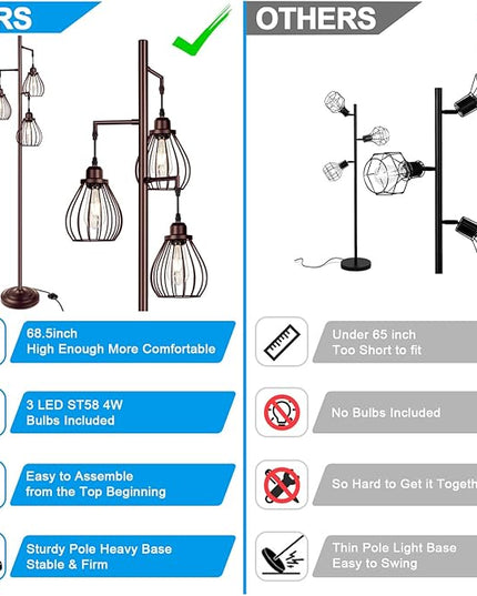 Lakumu Floor Lamp for Living Room, Brown Floor Standing Lamp with 3 Elegant Teardrop Cage Heads & ST58 4W 2700K Edison LED Bulbs, Sturdy Base Tall Vintage Pole Light, Rustic Floor Lamp for Bedroom - LeafyLoom