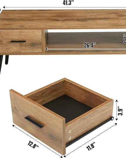 HAIOOU Coffee Table, Mid Century Modern Style Cocktail Table TV Stand with Drawer, Open Storage Shelf, Stable Floor-Anti-Scratching Pine Leg for Home, Office, Living Room - LeafyLoom