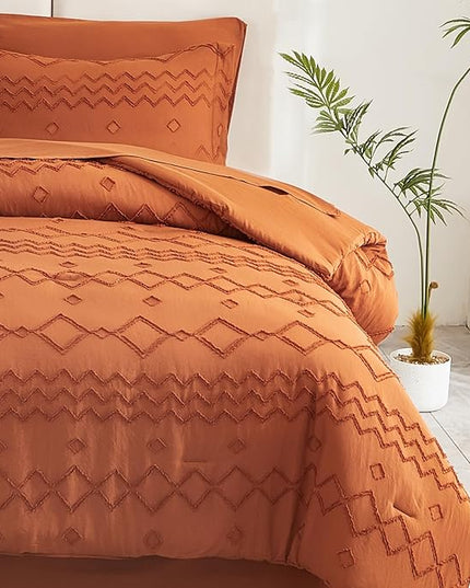 EMME Queen Comforter Set - 7 Pcs Pumpkin Boho Bedding Sets, Full Size Tufted Comforter with Sheets, Shabby Chic Embroidery Queen Bed Set Fluffy Bed Bag for All Season(90"X90") - LeafyLoom
